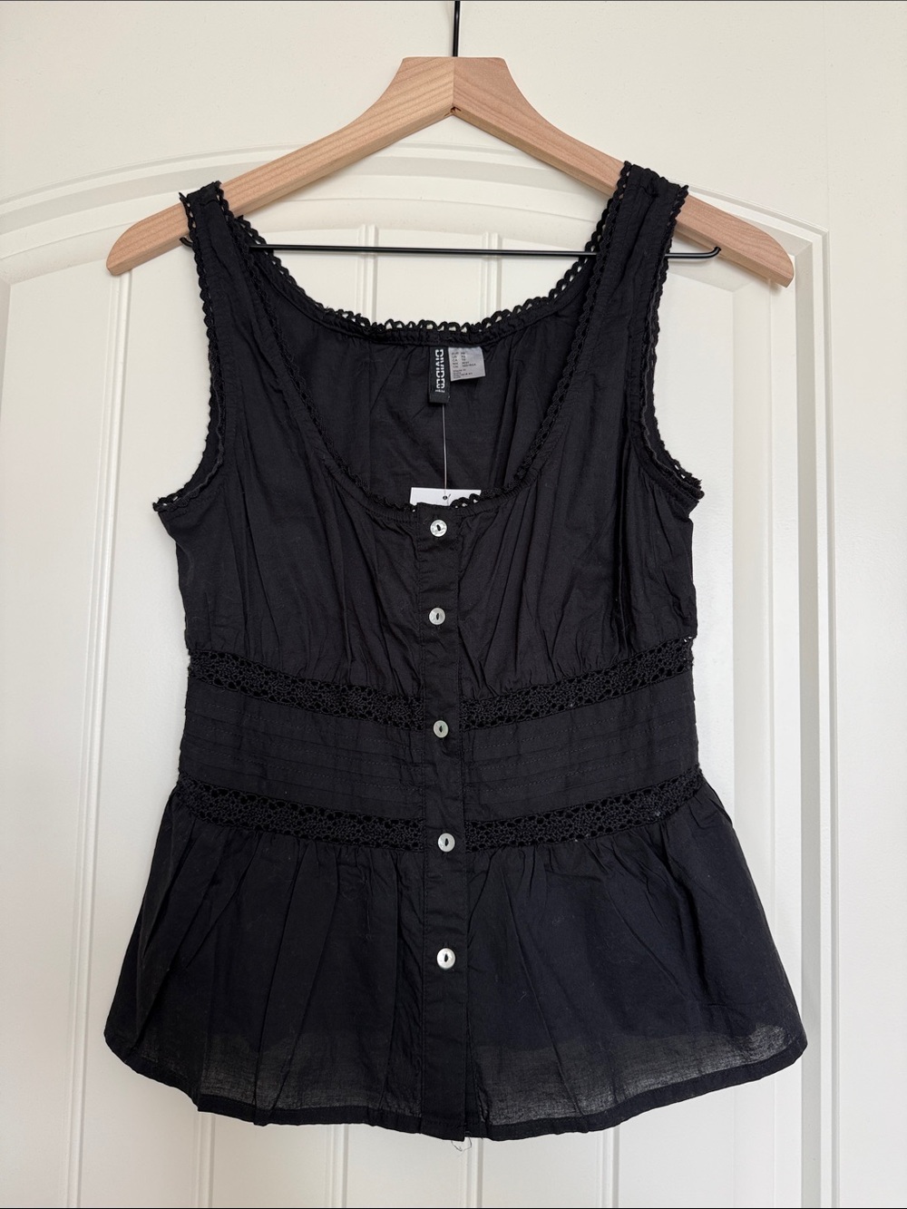 H&M Black Sleeveless Button-Front Camisole with Lace Insets XS